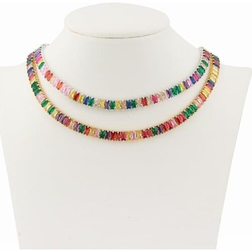 Womens Gold CZ Colorful Choker Necklace Shiny Rainbow Crystal Necklace Zircon Tennis Chain Statement Jewelry Dropshipping