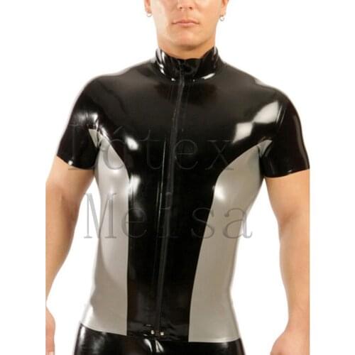 100% handmade latex top zipper in black patchwork silver colors for men