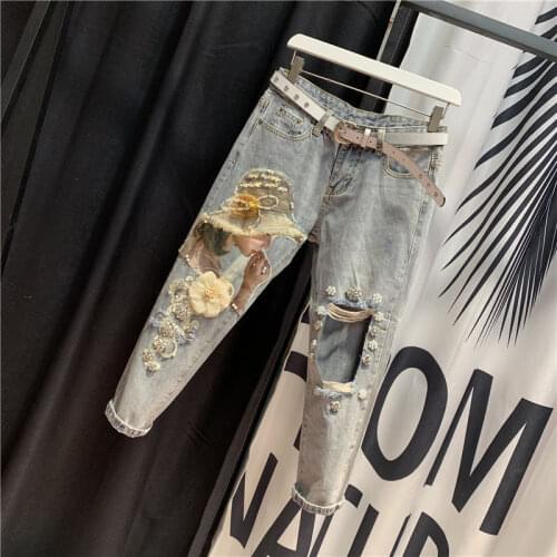 High Quality New Fashion Denim Pants Summer Womens Vintage Diamond Loose Ripped Hole Harem Pants Beading Sequins Appliques Jeans