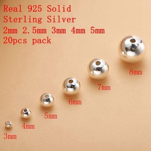 Real 925 Solid Sterling Silver Beads,20pcs/lot of 3mm 4mm 6mm 8mm Round Sterling silver 925 beads,925 Specer Beads For jewelry