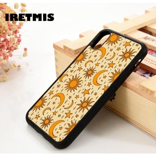Iretmis 5 5S SE 6 6S Silicone Rubber Phone Case Cover for iPhone 7 8 Plus X Xs 11 12 MINI Pro Max XR Vintage Sun and Star Print