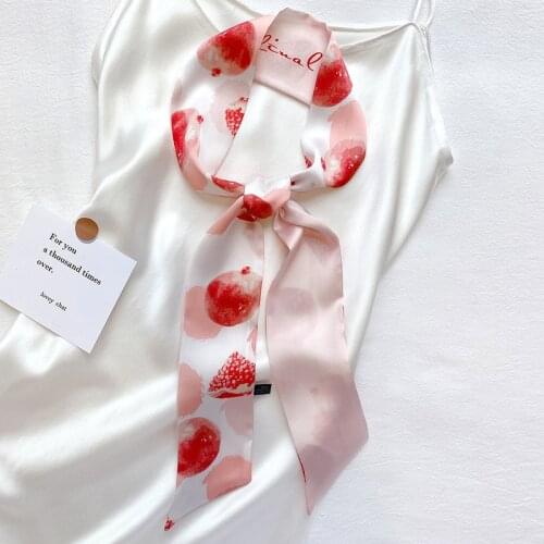 Brand Design Fruit Print Narrow Silk Scarf Women Skinny Scarves Decorative Belt Ladies Head Band Wrapped Ribbon 7*130cm