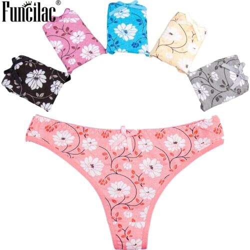 FUNCILAC Women Cotton Thong Briefs for Women Sexy G-String Floral Print Underwear Underpants Ladies Panties Lingerie 5 Pcs/Lot