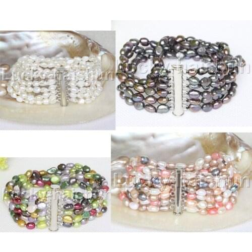 JQHS Genuine Baroque 6row white Multicolor black freshwater pearls bracelet magnet clasp j12225