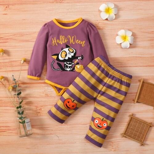 Baby Girl Halloween Clothes Set Toddler Girl Stripe Jumpsuit Set Cute Long Sleeve Romper + Pants 2PCS Pumpkin Printed Outfits