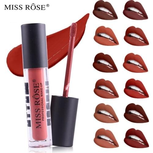 MISS ROSE Makeup 12 Color Matte Lip Gloss Transparent Tube Dumb Black Cover Not Easy To Color Waterproof Lip Gloss Gift for Girl