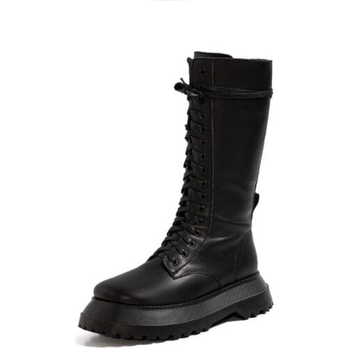 MKKHOU Fashion Medium Boot Woman 2020 New Winter Star The Same Style Leather Round Head Lacing Knight Boot Leather Boots Women