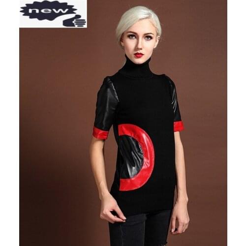 Fashion Women Patchwork Office Lady Stretch Fit Knitting Sweater Turtleneck Thicken Short Sleeve Slim Pullovers