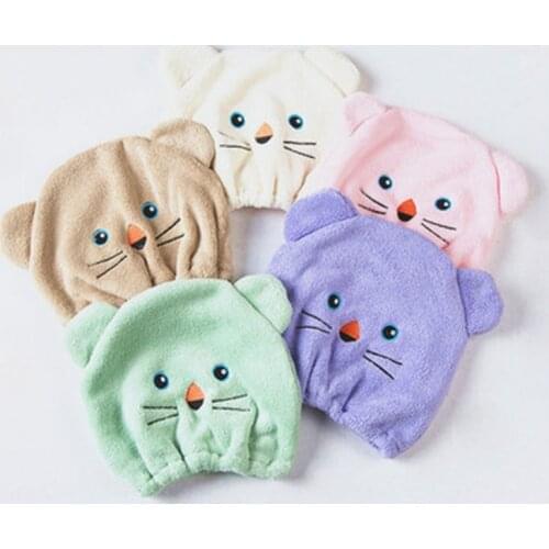 Cartoon dry hair cap lady kitten water wipe hair towel hood childrens bath cap coral plush dry hair towel