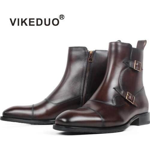 VIKEDUO Square Toe Plain Genuine Cow Skin Boot Patina Brown Handmade Bespoke Leather Men Boots Casual Mens Buckle Ankle Boots