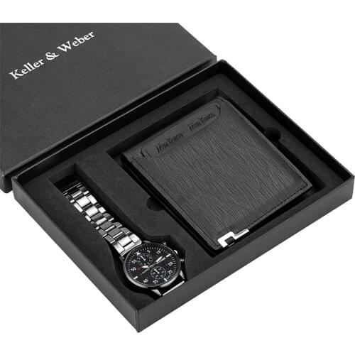 Keller & Weber Men Watch Set Wallet Birthday Gift for Male Quartz Wristwatch New Hot Thanksgiving Purse Men Watches Present Box
