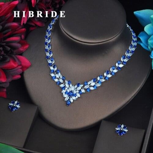 HIBRIDE Sparkling Marquise Cut Blue CZ Dubai Jewelry Sets For Women Necklace Set Wedding Dress Accessories Party Show Gift N-478