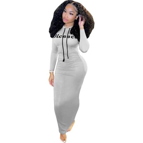 2021 Autumn And Winter New Fashion Leisure Letter Hooded Sweatshirt Long Dress