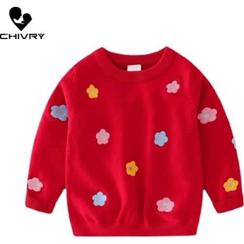 New Baby Girls Pullover Knitted Sweater Autumn Winter Kids Girls Fashion Flower Embroidery O-neck Jumper Sweaters Tops Clothing