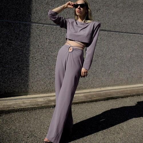 Autumn Two Pieces Sets Long Sleeve Crop Tops T-shirt Wide Leg Pants Lace Up Midriff Pant Sets O-neck Sexy Solid Women Pant Sets