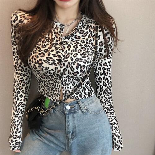 Autumn Streetwear Fashion Leopard Print Long Sleeve Women Cardigan Blouses Fitness Female Cropped Shirt Rave Outfits