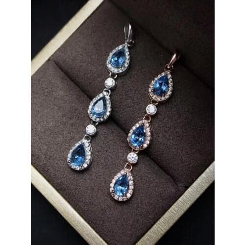 Natural blue topaz Pendant natural gemstone Elegant Lucky water drops bean pendant necklace S925 silver women party jewelery