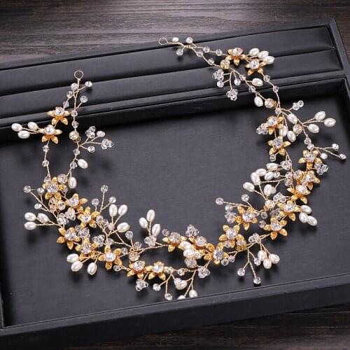 Flower Crystal Pearl Wedding Headband Tiara Wedding Hair Accessories Hair Vine Women Hair Jewelry Gold Hairband Bridal Headpiece