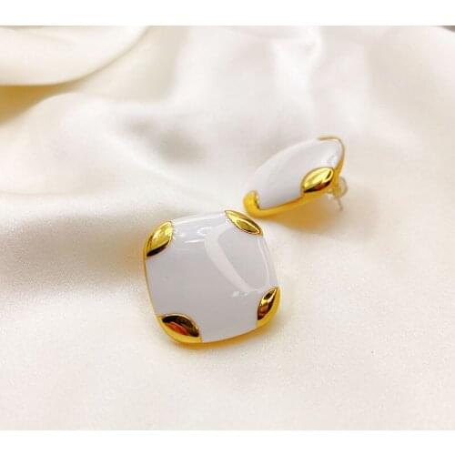 New Japanese and Korean copper plating fashion temperament white enamel glaze square silver pin earrings women