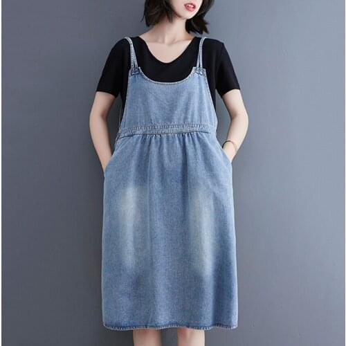Denim Sundress Women Sleevless Spaghetti Strap Jeans Dress Summer Casual Loose Midi Dresses Fashion Vestido De Mujer