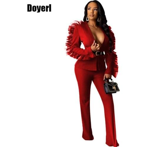 Ruffle Sexy 2 Piece Pants Sets Women Matching Outfits Blazer Top Long Pants Set Autumn Elegant Party Club Red Two Piece Set Suit