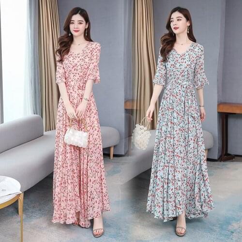 Floral Chiffon Dress Women V-neck Flared Sleeve 2020 Womens Summer Vestidos Casual A-line Five-point Sleeve Chiffon dCress E119