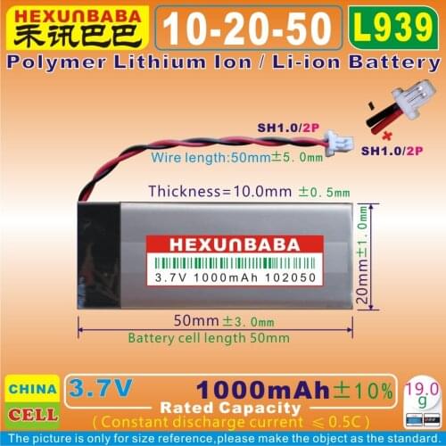 2pcs [L939] 3.7V 1000mAh [102050] SH1.0 2P Polymer lithium Ion Battery For CAMERA,Record Pen,MP4,Bluetooth Earphone;MP3