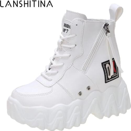 2020 New Autmn Women Ankle Boots 9CM Heels High Top Wedge Boots Platform Leather Sneakers Short Boots For Woman Botas Feminina