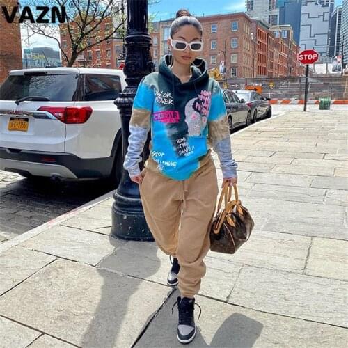 VAZN 2020 Hooded Casual Style Women Sport Running Long Sleeve Loose Set Casual Beach Clothing Ladies Women Sets