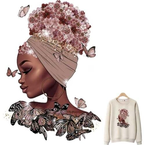 Butterfly Headscarf Black Girl Iron-On Transfers For Clothing DIY Washable T-Shirt Thermo Adhesive Patches Fashion Lady Stickers