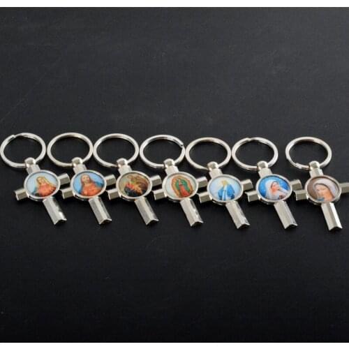 Jesus mixed designs of religious saint keyring, icon cross alloy keychain with epoxy on sale
