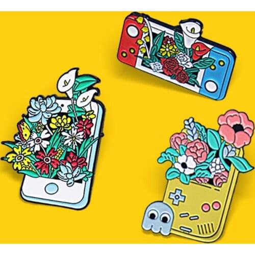 Flowers Plants Game machines Enamel Pins Gamepad Mobile Phone Handset Jewelry Brooches Shirt Badges Lapel Gifts For Friends