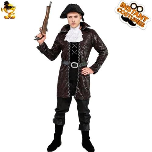 Halloween Cosplay Mens Cool Pirate Costume Carnival Party Brown Long Sleeve with Hat Headband Suit for Adult Deluxe Fancy Dress