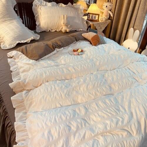 Lotus Leaf Lace Bedding Set White Washed Seersucker Four-piece Sheet Bed Skirt Duvet Cover Bedding Set Pure Color Simple