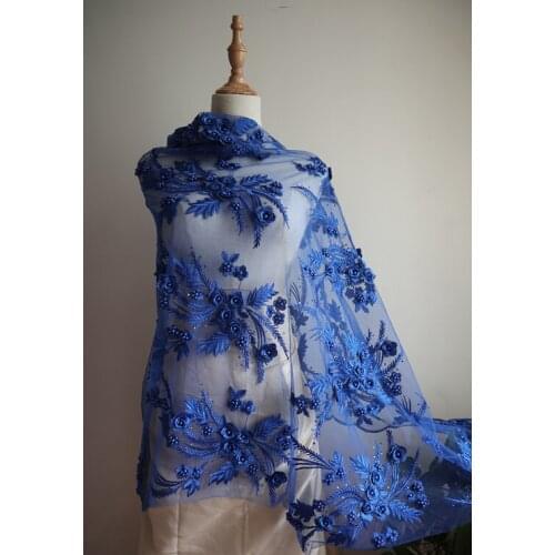 Royal blue 3D beaded embroidered lace fabric, 3D floral lace fabric, embroidery for costumes accessories, embroidery fabric