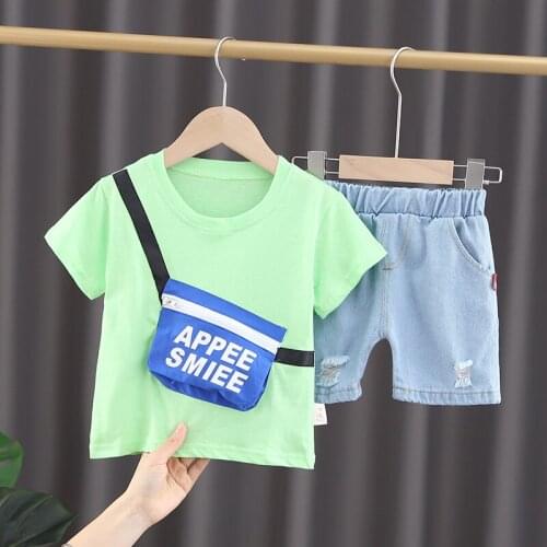 Toddler Summer Clothing Fashion Boys Girls Outfits 1 2 3 4 Years Kids Knapsack T-Shirt + Denim Hole Shorts Baby Daily Clothes