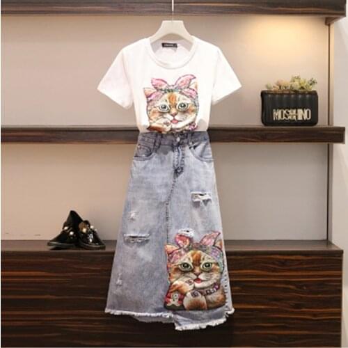 M-4XL Womans Runway Clothes Suits Femme 2021 Newest Women Summer Print Cartoon Cat Sequins T-Shirt Tops + Long Denim Skirt Sets