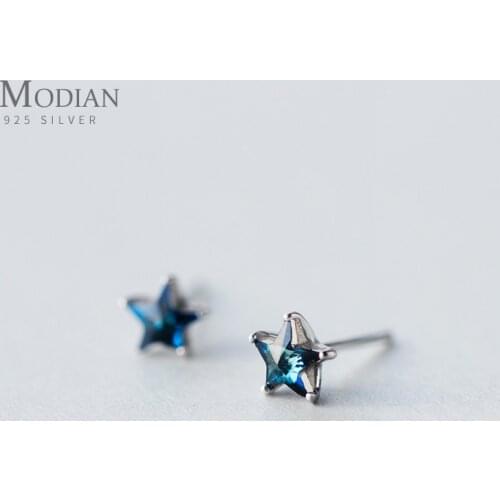 Modian New Arrive Real 925 Sterling Silver Stars Simple Cute Blue Crystal Stud Earrings For Women Brand Fine Silver Jewelry Gift
