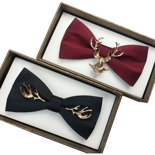 Mens Bow Tie Solid Color Black Butterfly Tie Great For Wedding Party Luxury Metal Golden Wings Antlers Two Layer Bowtie Gift Box
