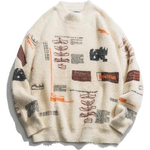 2021 Graffiti Knitwear Sweater Men Casual New Hip Hop Knitted Pullovers Male Tops Long Sleeve Outwear Streetwear Beige