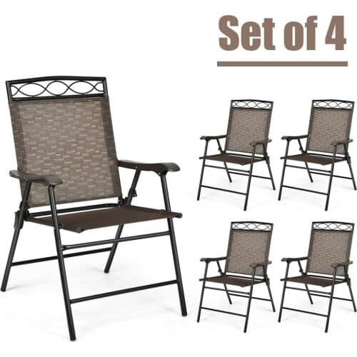 Set of 4 Patio Folding Chairs Sling Portable Dining Chair Set w/ Armrest OP70338