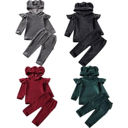 Toddler Girl Clothes Infant Baby Girl Boy Kid Gold Velvet Solid Long Sleeve Hooded Top + Pants 2pcs Tracksuit Size 2-6Y