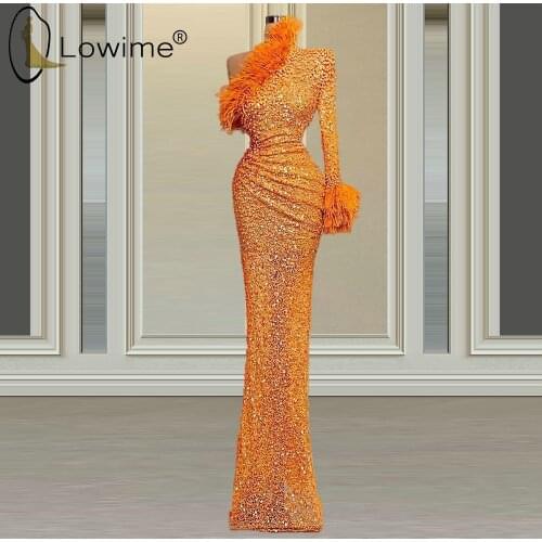 Dubai Orange Mermaid Evening Dresses Luxury Feathers Peals Evening Gowns Middle East Long Sleeve Formal Dress