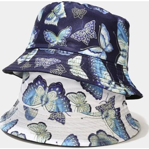Hot Butterfly Pattern Reversible Bucket Hat Womens Summer Trend Foldable Outing Sun Protection Fisherman Hat Unisex Panama Cap