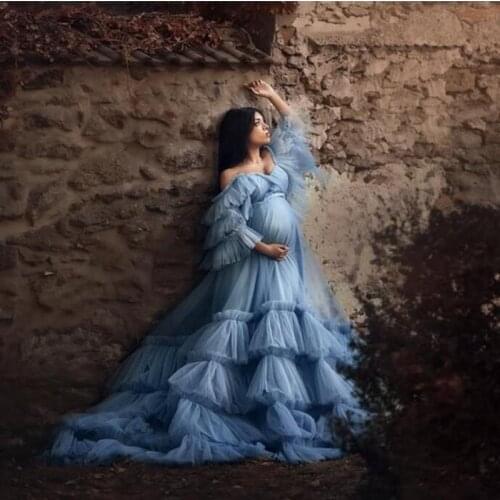 Photo Shoot Maternity Dress Blue Prom Gown For Pregnant Custom Fluffy Party Dresses Tulle Off Shoulder Ruffled Robe De Soiree