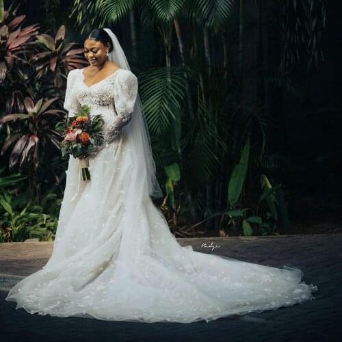 YiMinpwp Princess Wedding Dresses V Neck Long Sleeve Sweep Train A Line 3D Floral Garden Bridal Gowns vestidos de novia