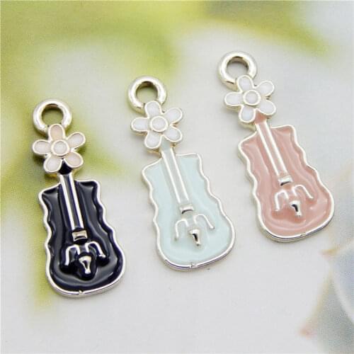 Julie Wang 6PCS Enamel Flower Violin Charms Black Blue Pink Cartoon Music Instrument Pendants Alloy Jewelry Making Accessory