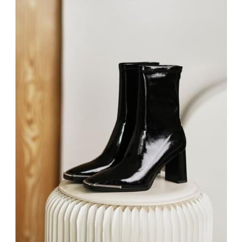 Hot Patent Leather Stretch Boots Fashion Ankle Boots Stretch Fabric Women Boots Metal Toe Design Women Shoes Zapatos De Mujer