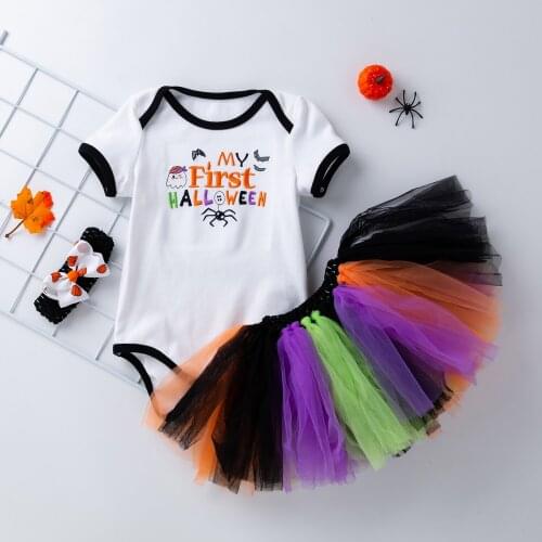 Newborn Baby Girls Halloween Party Clothing 3 Pcs Embroidered Cotton Romper Handmade Skirt Pumpkin Costume
