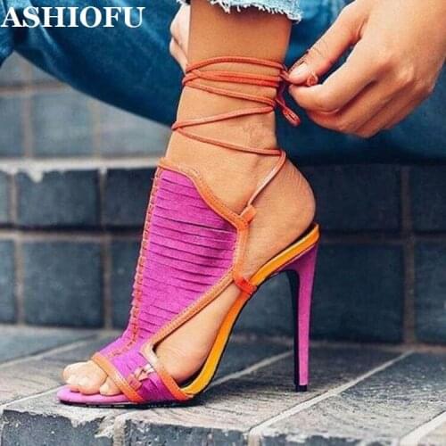 ASHIOFU Handmade Womens High Heel Sandals Shoelace Ankle Strap Party Prom Summer Shoes Sexy Large Size Fashion Sandals Shoes